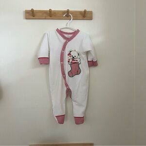 Vintage 80s Ferber White and Red Striped Christmas Baby Footie no flaws size 3/6